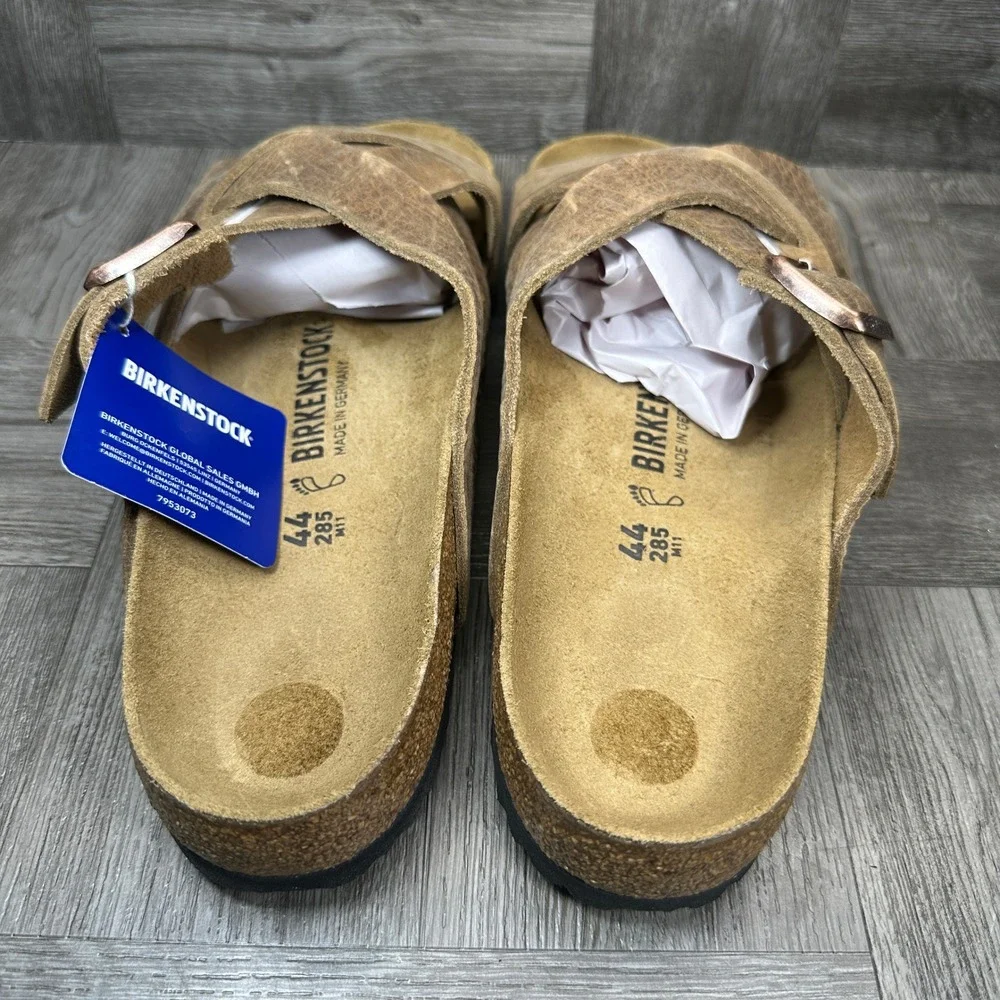 Birkenstock Lugano Sandals Mens 11 Tobacco Brown Oiled Leather Cross Strap NEW